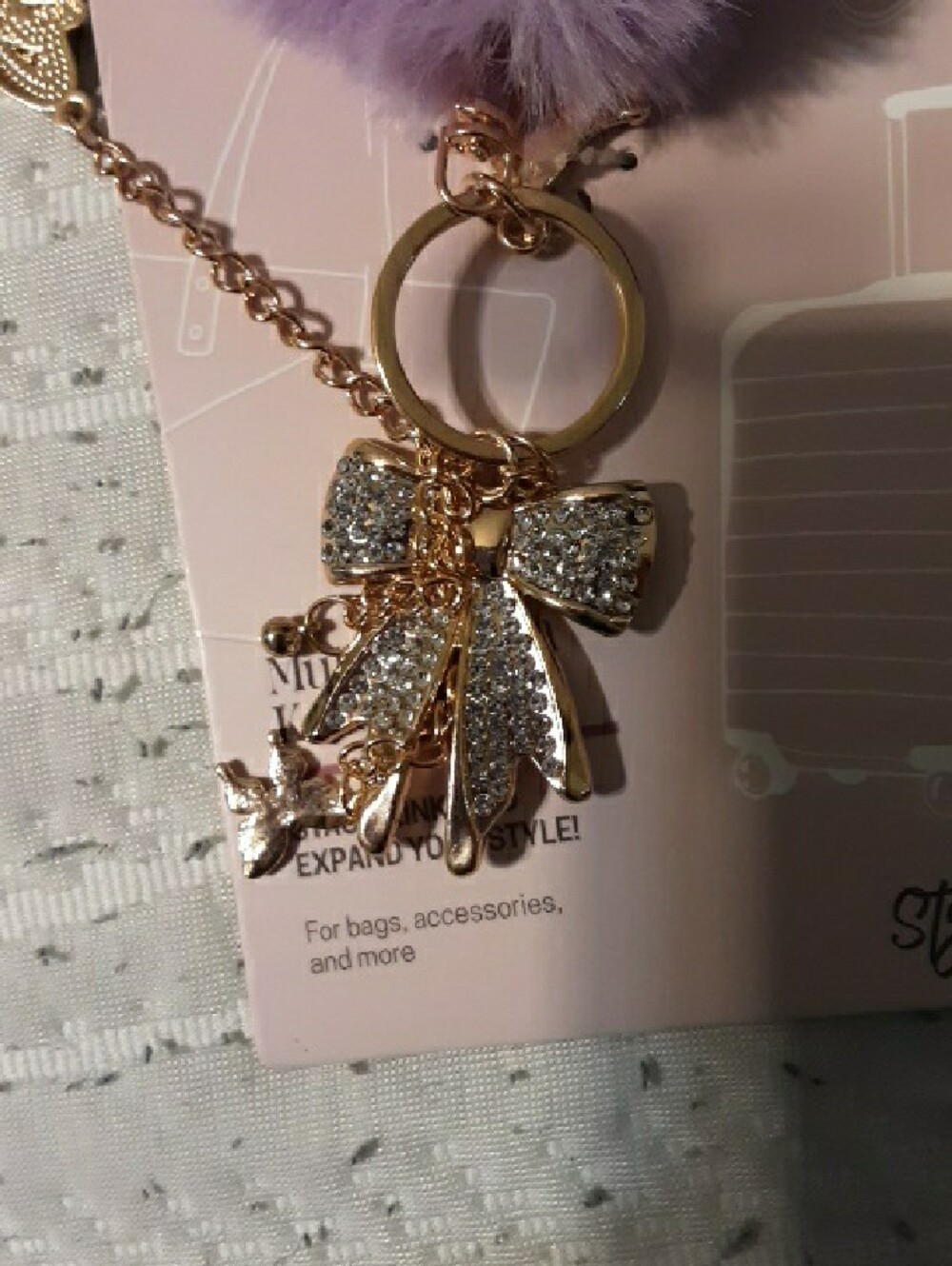 Silk And Sage Lavender Pom-Pom Keychain with Gold Butterfly and Bow Charms - Picture 6 of 9